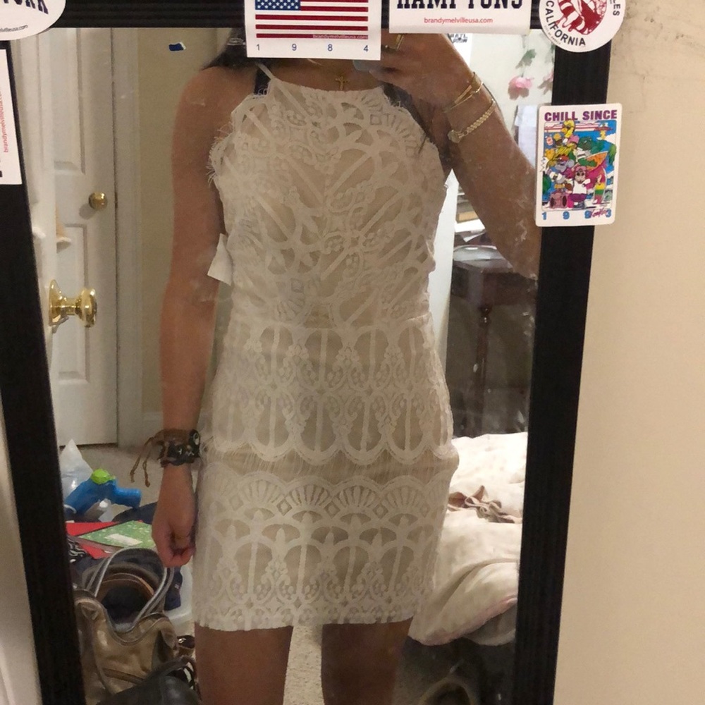 Tobi white laced nude and white bodycon mini dress
